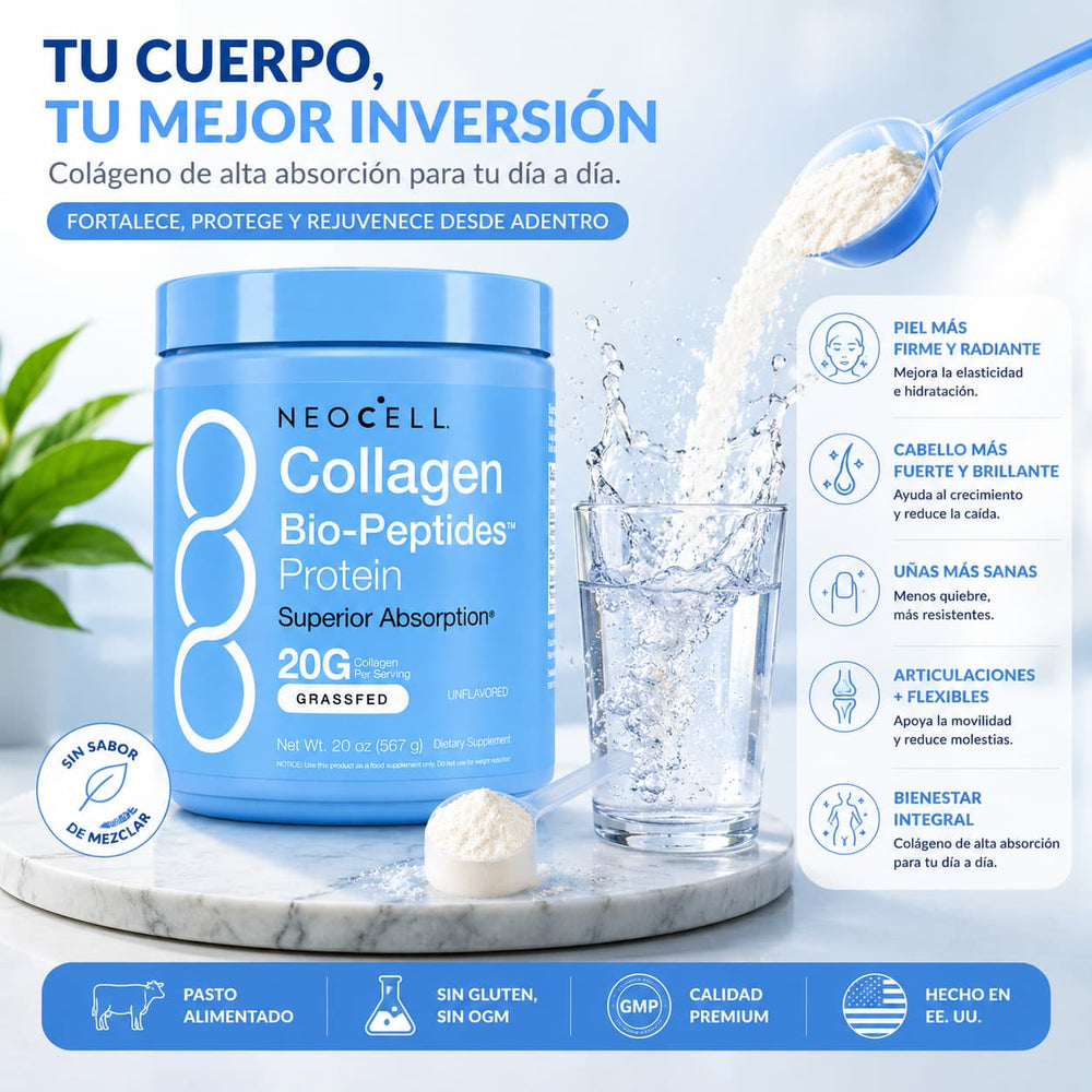 Colágeno NEOCELL vertiéndose en un vaso de agua
