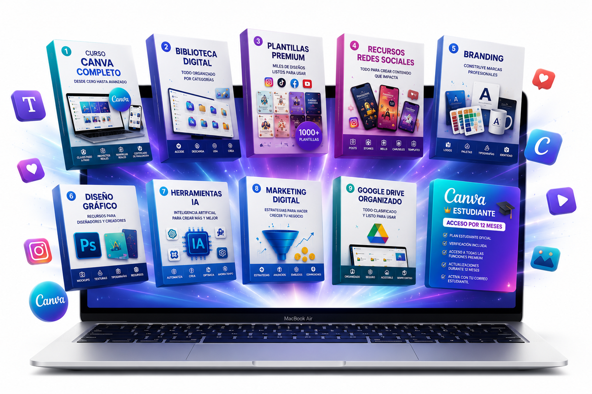 Esto es todo lo que recibes: Curso Canva Completo, Biblioteca Digital, Plantillas Premium y más