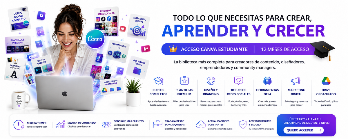 Todo lo que necesitas para crear, aprender y crecer — Acceso Canva Estudiante 12 meses de acceso