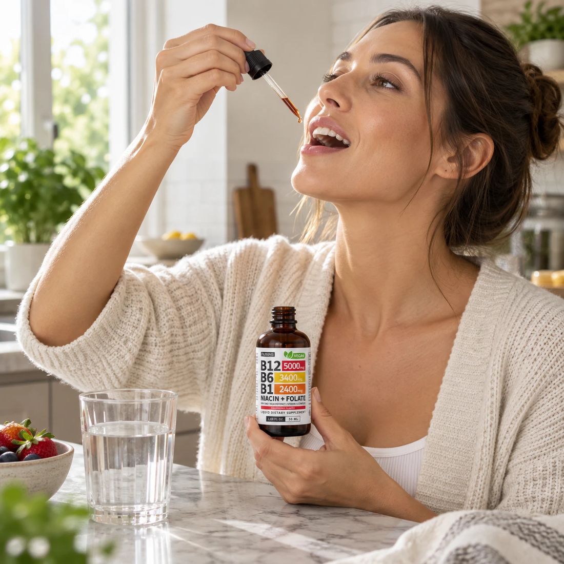 Mujer tomando Nusava B12