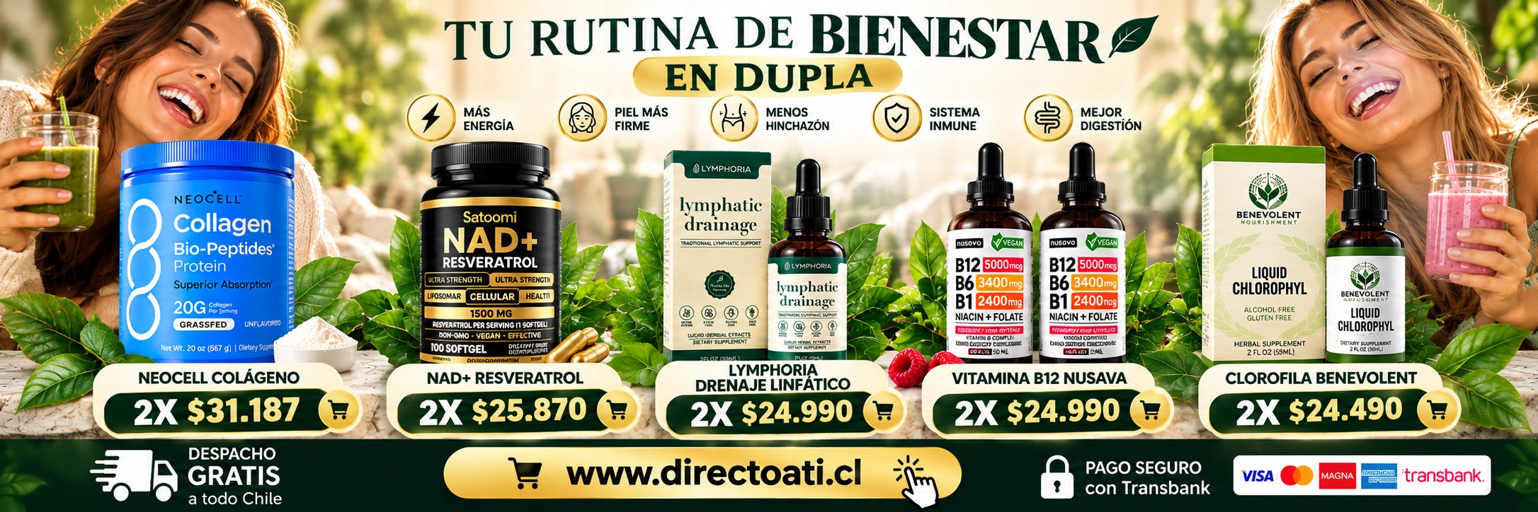 Rutina de bienestar en dupla: 2X en Colágeno, NAD+ Resveratrol, Drenaje Linfático, Vitamina B12 y Clorofila, con despacho gratis a todo Chile